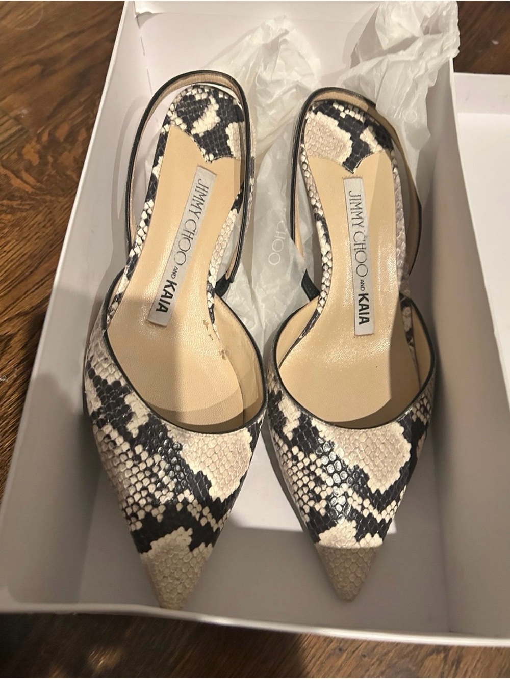 Jimmy Choo Black and Cream Snake-Print Pointed Toe Slingback Heels
